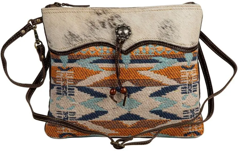 Myra Bag Purses for Women - Sun Serape Cowhide Purse and Tribal-Inspired Upcycled Woven Rug in Hues of Rust, Orange, Blues, and Ivory, Western Purses for Women