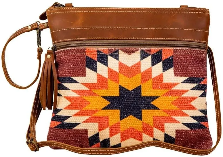 Myra Bag Sedona Crossbody Purse - Upcycled Woven Rug and Leather Mini Purses for Women, Travel Purses for Women, Mini Handbag