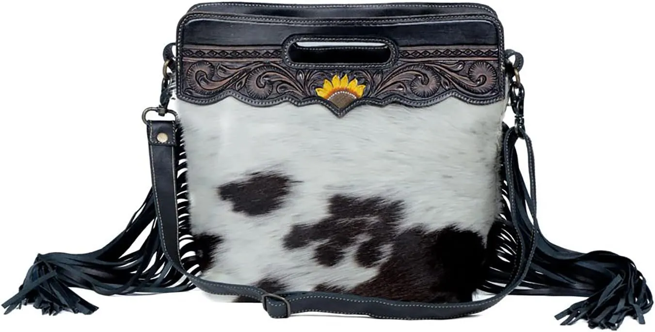 Myra Bag Western Leather Crossbody Bag for Women - Upcycled Canvas Shoulder Bag with Tassels Eclectic Embossed