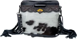Myra Bag Western Leather Crossbody Bag for Women - Upcycled Canvas Shoulder Bag with Tassels Eclectic Embossed