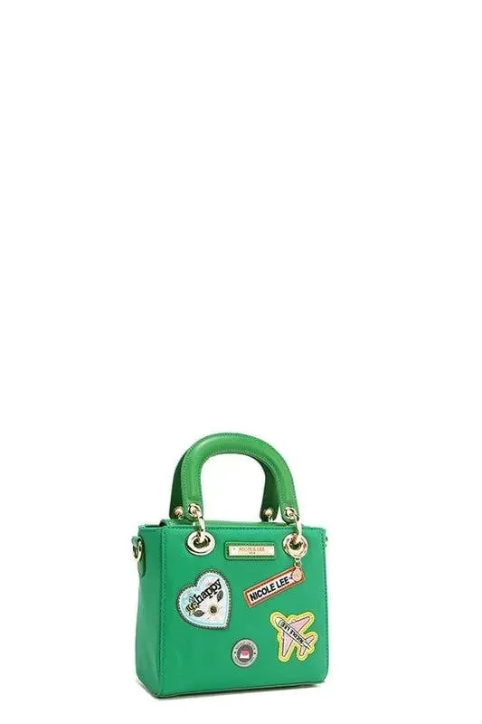 Nicole Lee Structured Mini Handbag with Embroidered Patches