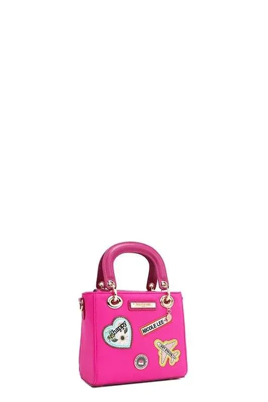 Nicole Lee Structured Mini Handbag with Embroidered Patches