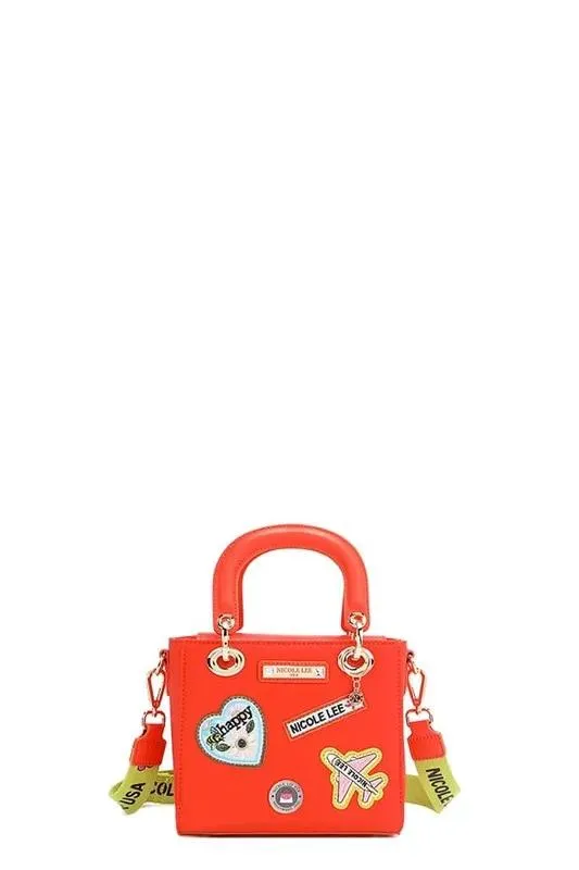 Nicole Lee Structured Mini Handbag with Embroidered Patches