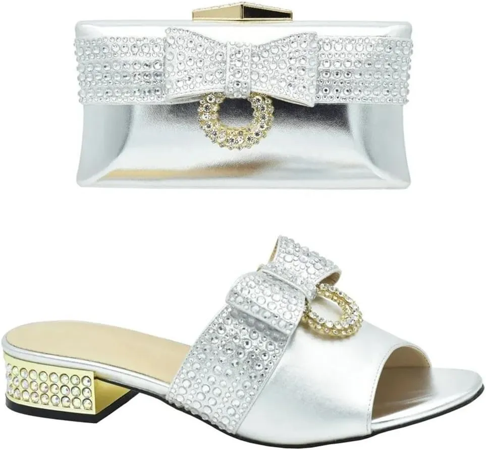 Nigerian Style Crystal Wedding Shoes Bag Set Rhinestone Bridal Party Pumps with Matching Evening Purse