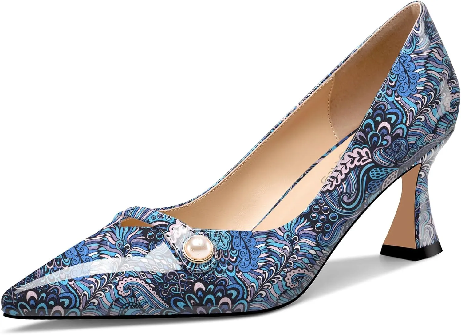 NobleOnly Womens Mid Heel Pointed Toe Slip-on Pearls Dress Pumps Glitter Casual Patent Leather Shoes 2.4 Inches Heels