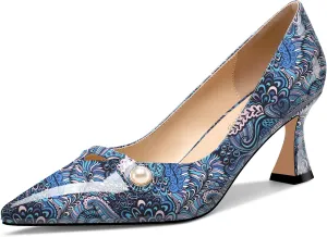 NobleOnly Womens Mid Heel Pointed Toe Slip-on Pearls Dress Pumps Glitter Casual Patent Leather Shoes 2.4 Inches Heels