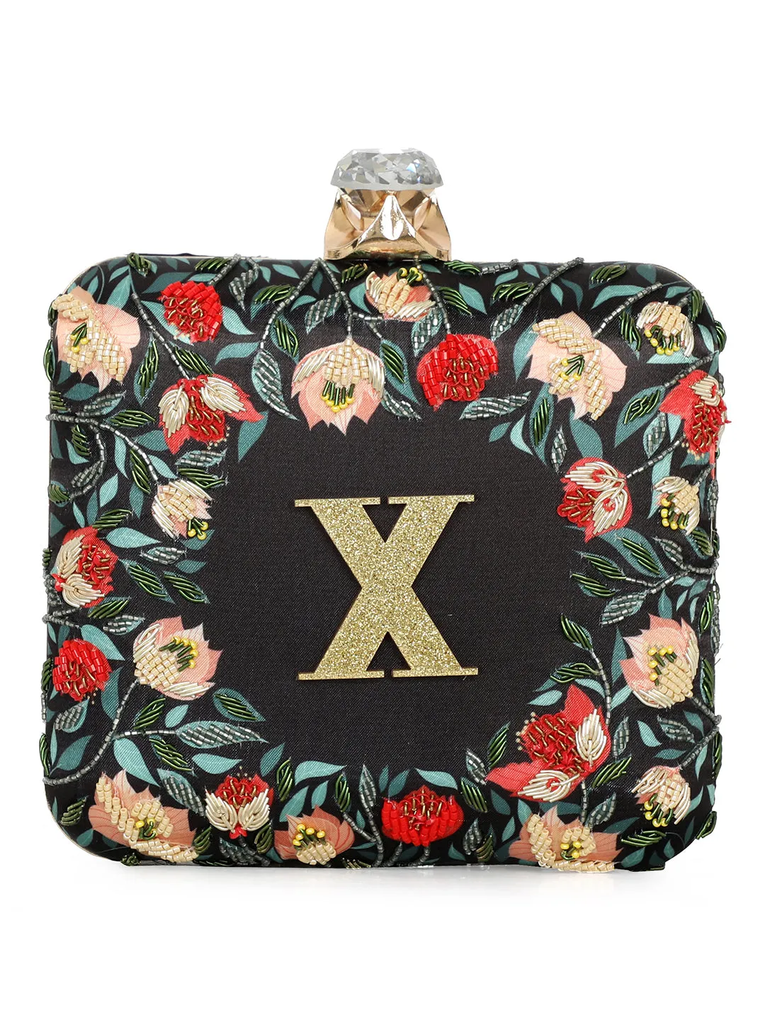 NR By Nidhi Rathi Black & Red Embellished Box Clutch