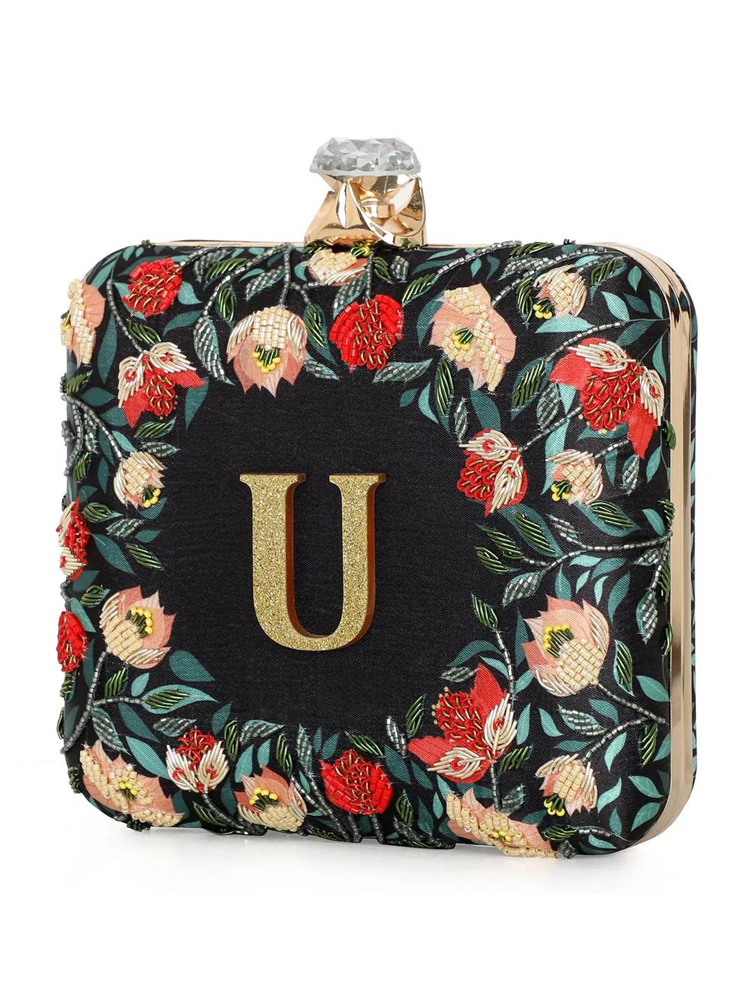 NR By Nidhi Rathi Black & Red Embellished Box Clutch