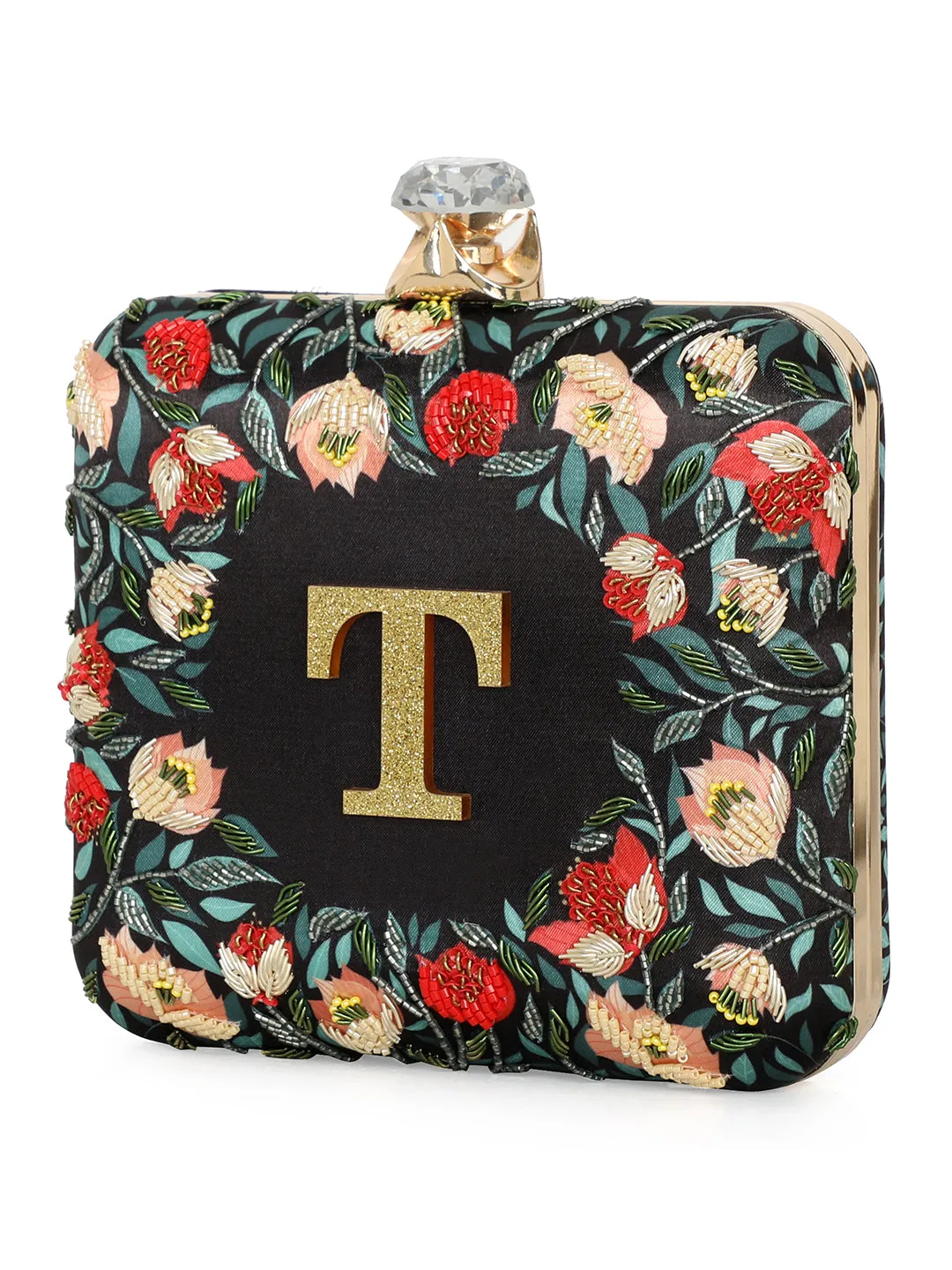 NR By Nidhi Rathi Black & Red Embellished Box Clutch