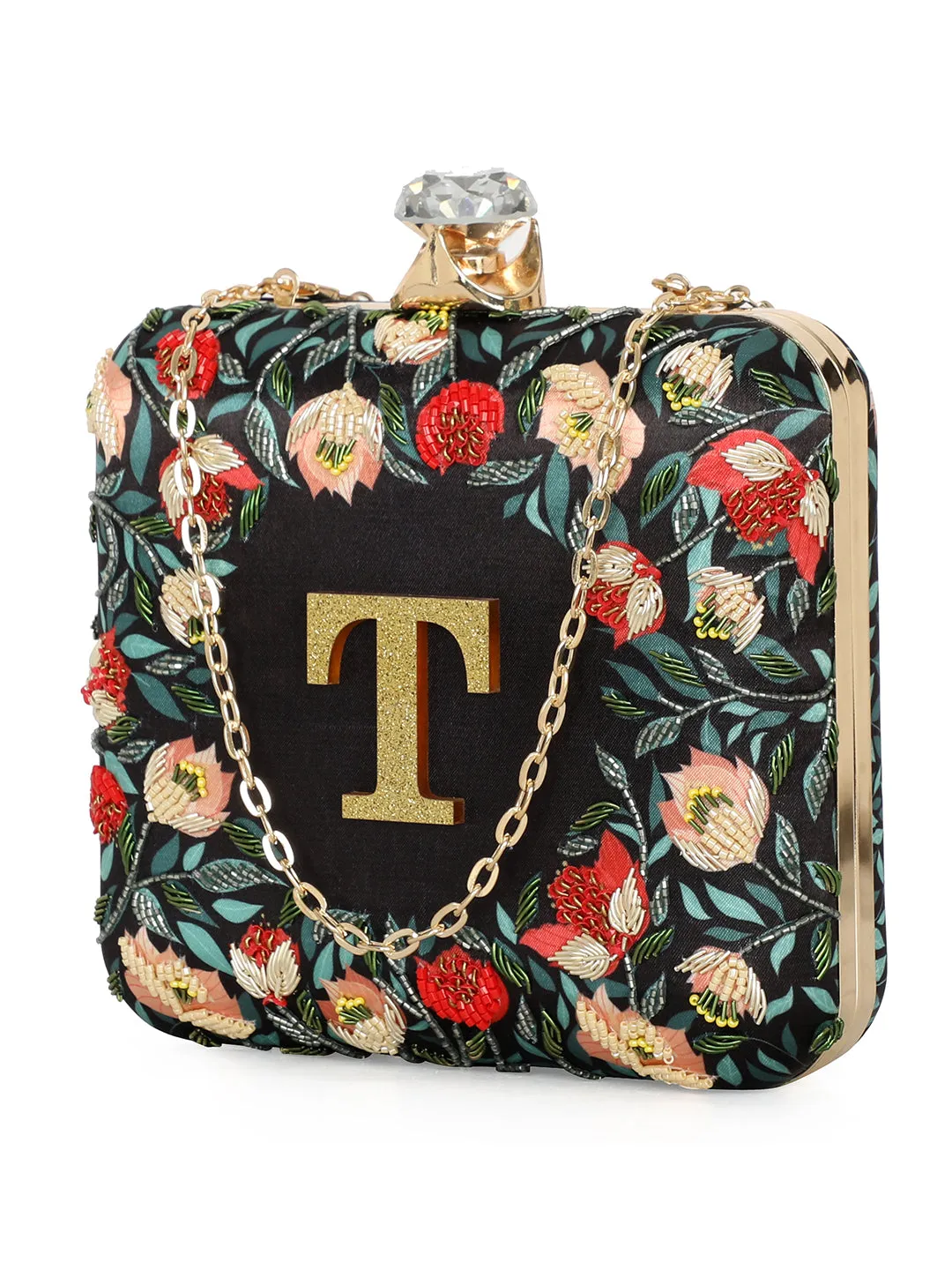 NR By Nidhi Rathi Black & Red Embellished Box Clutch