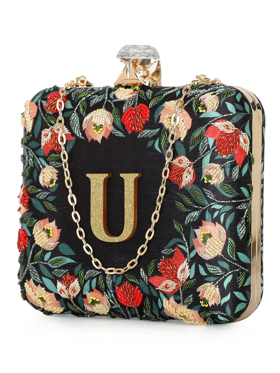 NR By Nidhi Rathi Black & Red Embellished Box Clutch