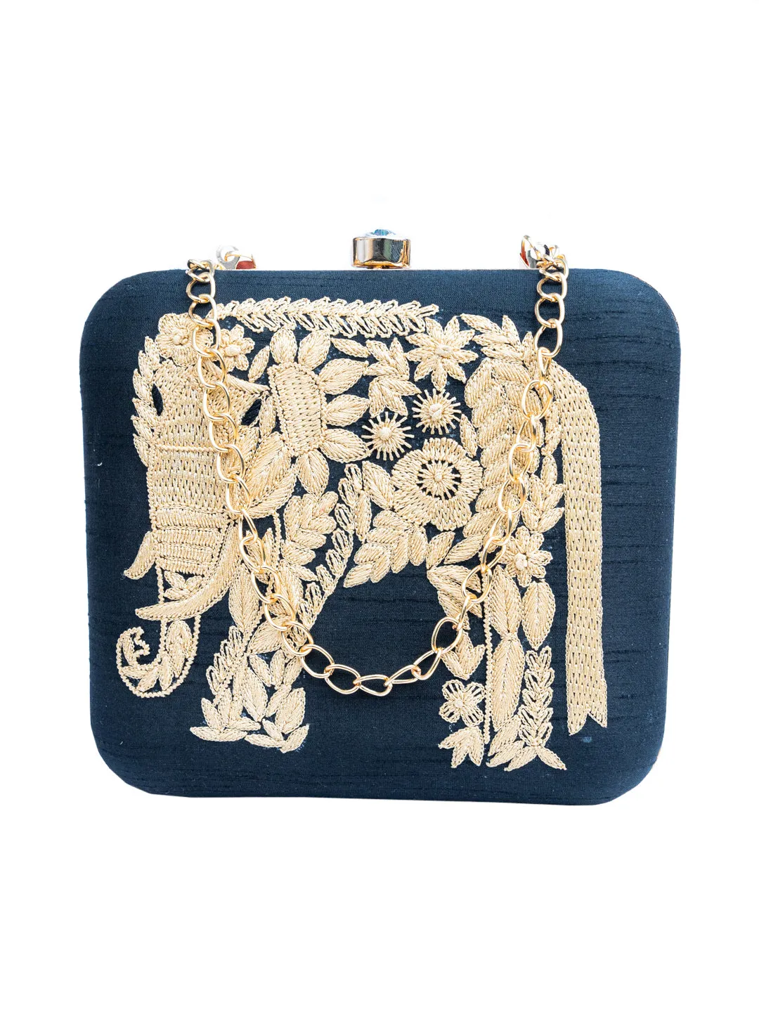 NR By Nidhi Rathi Black Gold-Toned Embellished Box Clutch