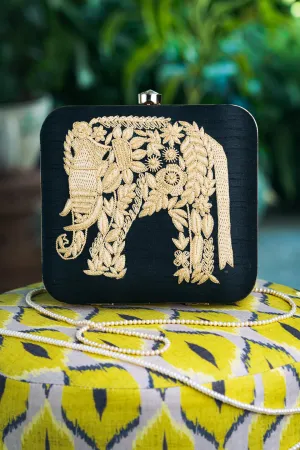 NR By Nidhi Rathi Black Gold-Toned Embellished Box Clutch