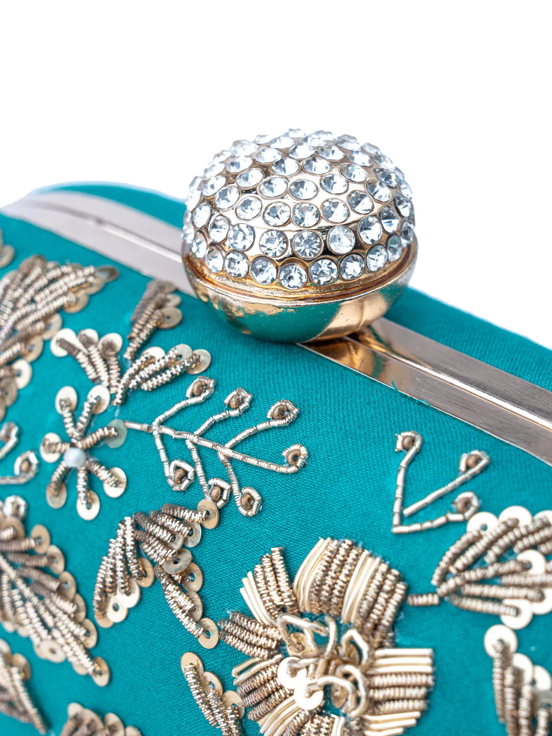 NR By Nidhi Rathi Green Gold-Toned Embellished Box Clutch