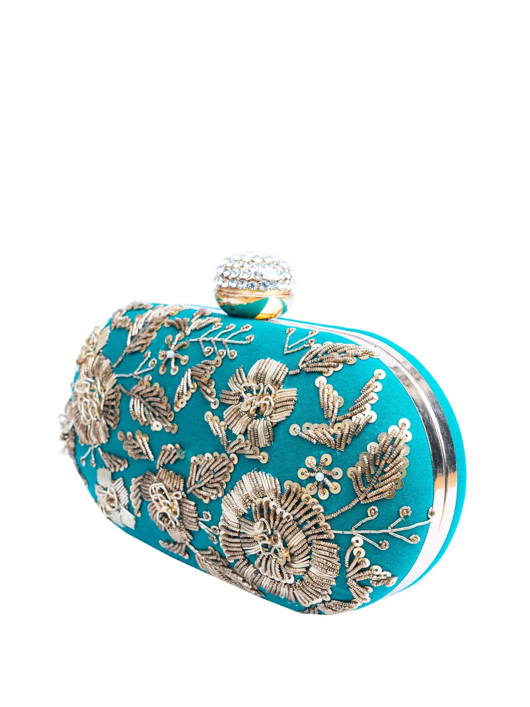 NR By Nidhi Rathi Green Gold-Toned Embellished Box Clutch