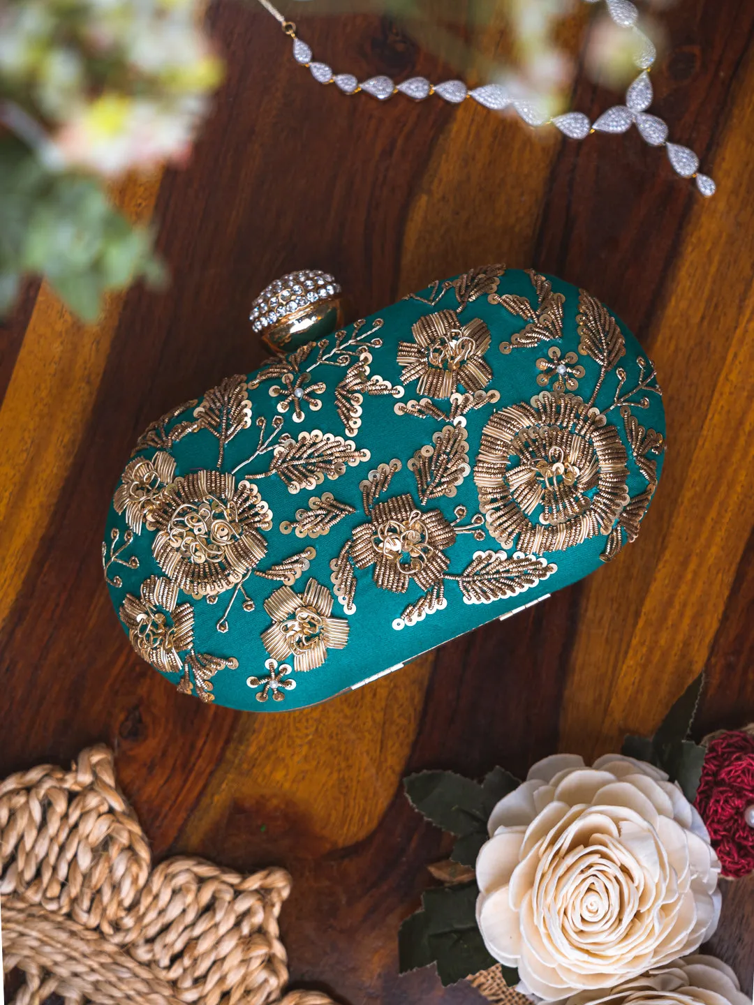 NR By Nidhi Rathi Green Gold-Toned Embellished Box Clutch