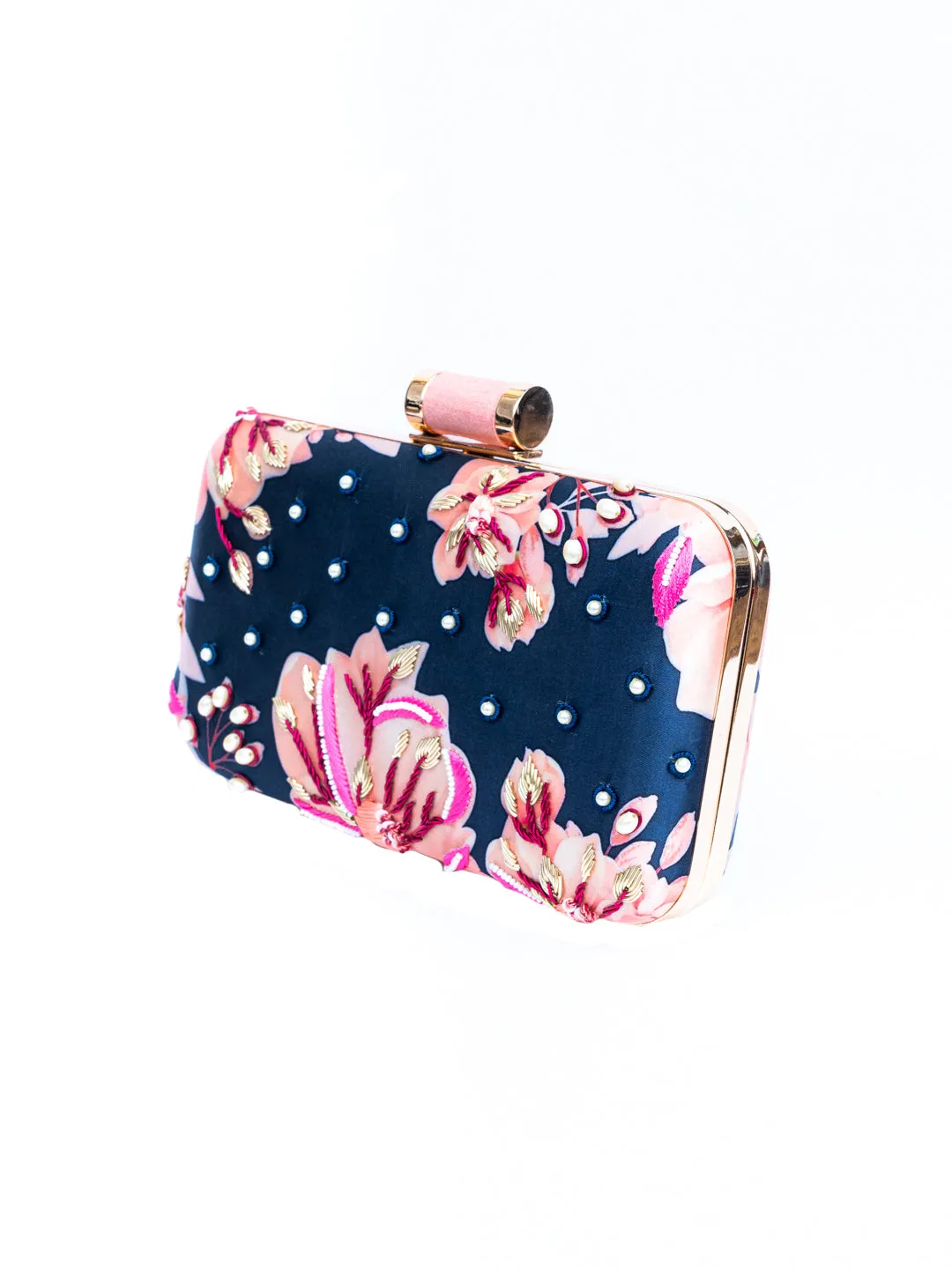 NR By Nidhi Rathi Navy Blue Pink Embellished Box Clutch