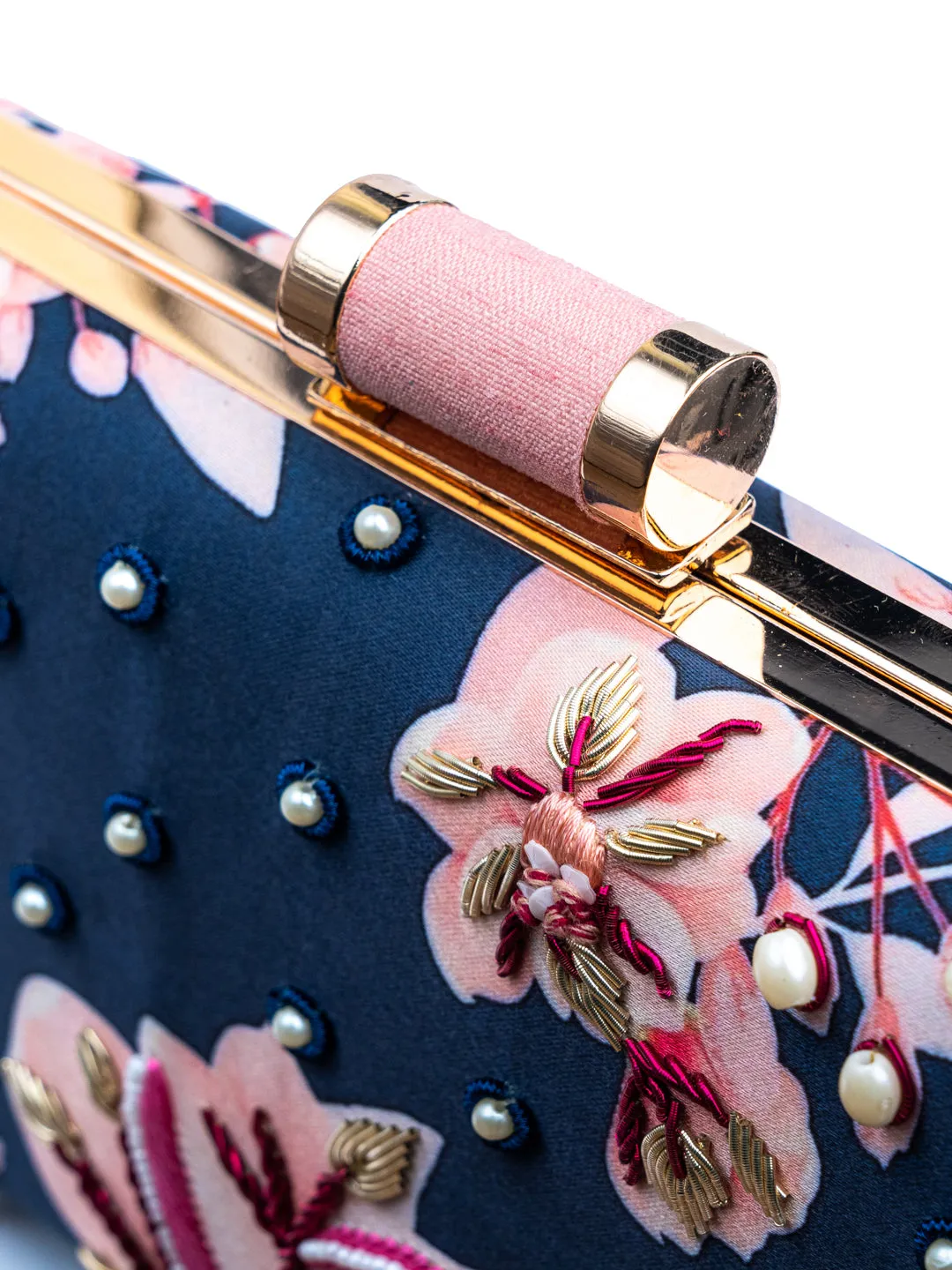 NR By Nidhi Rathi Navy Blue Pink Embellished Box Clutch