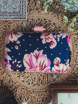 NR By Nidhi Rathi Navy Blue Pink Embellished Box Clutch