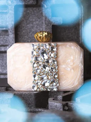 NR By Nidhi Rathi Peach-Coloured White Embellished Box Clutch