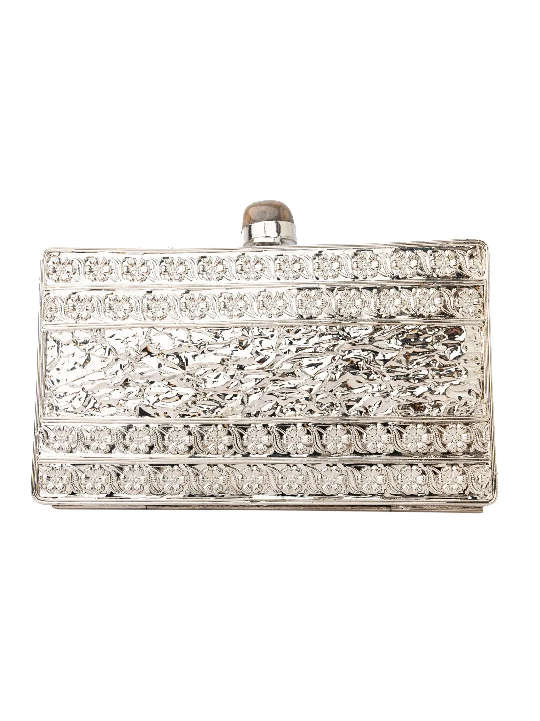 NR By Nidhi Rathi Silver-Toned Cream-Coloured Embellished Box Clutch