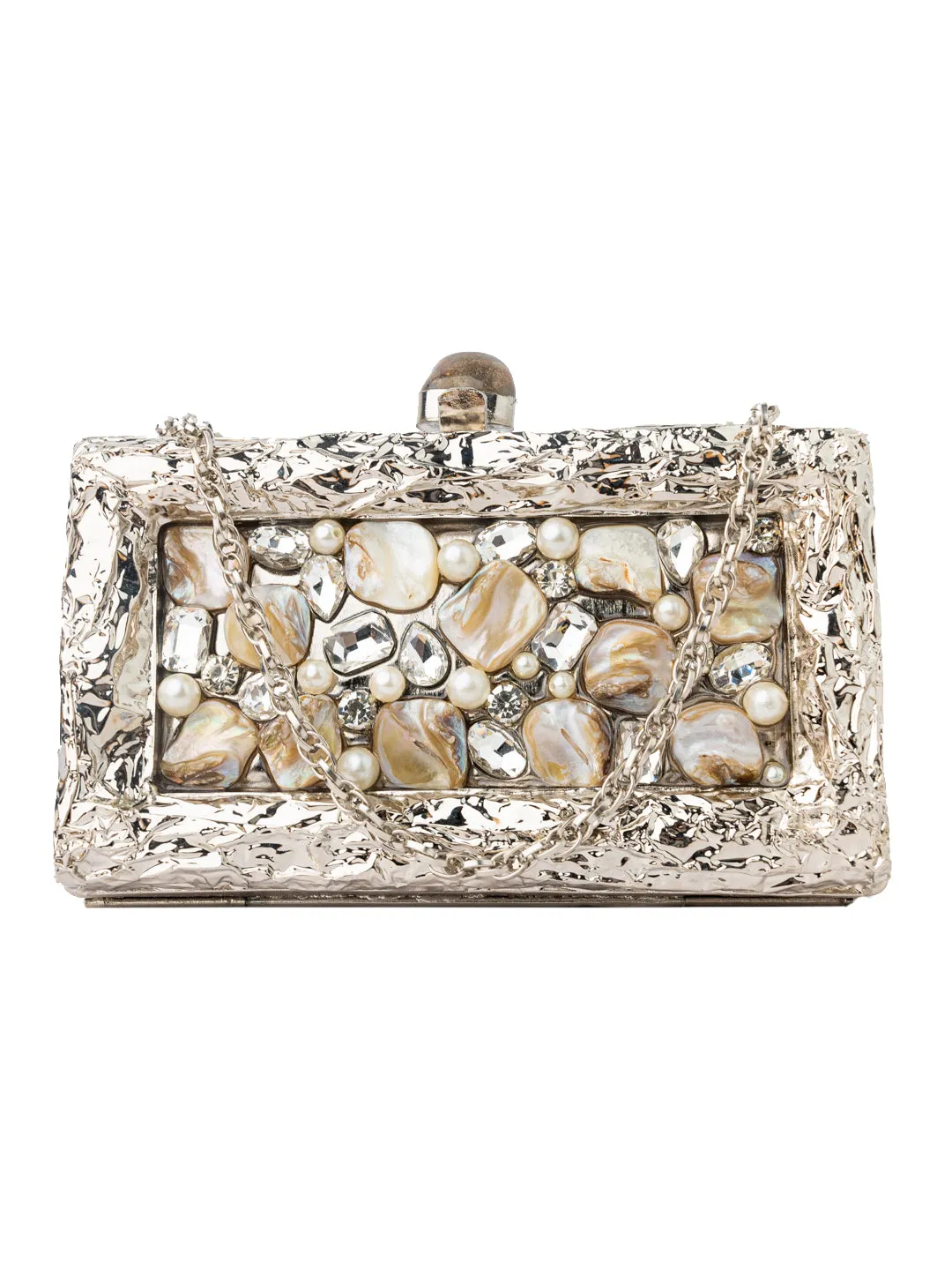 NR By Nidhi Rathi Silver-Toned Cream-Coloured Embellished Box Clutch