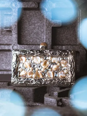 NR By Nidhi Rathi Silver-Toned Cream-Coloured Embellished Box Clutch