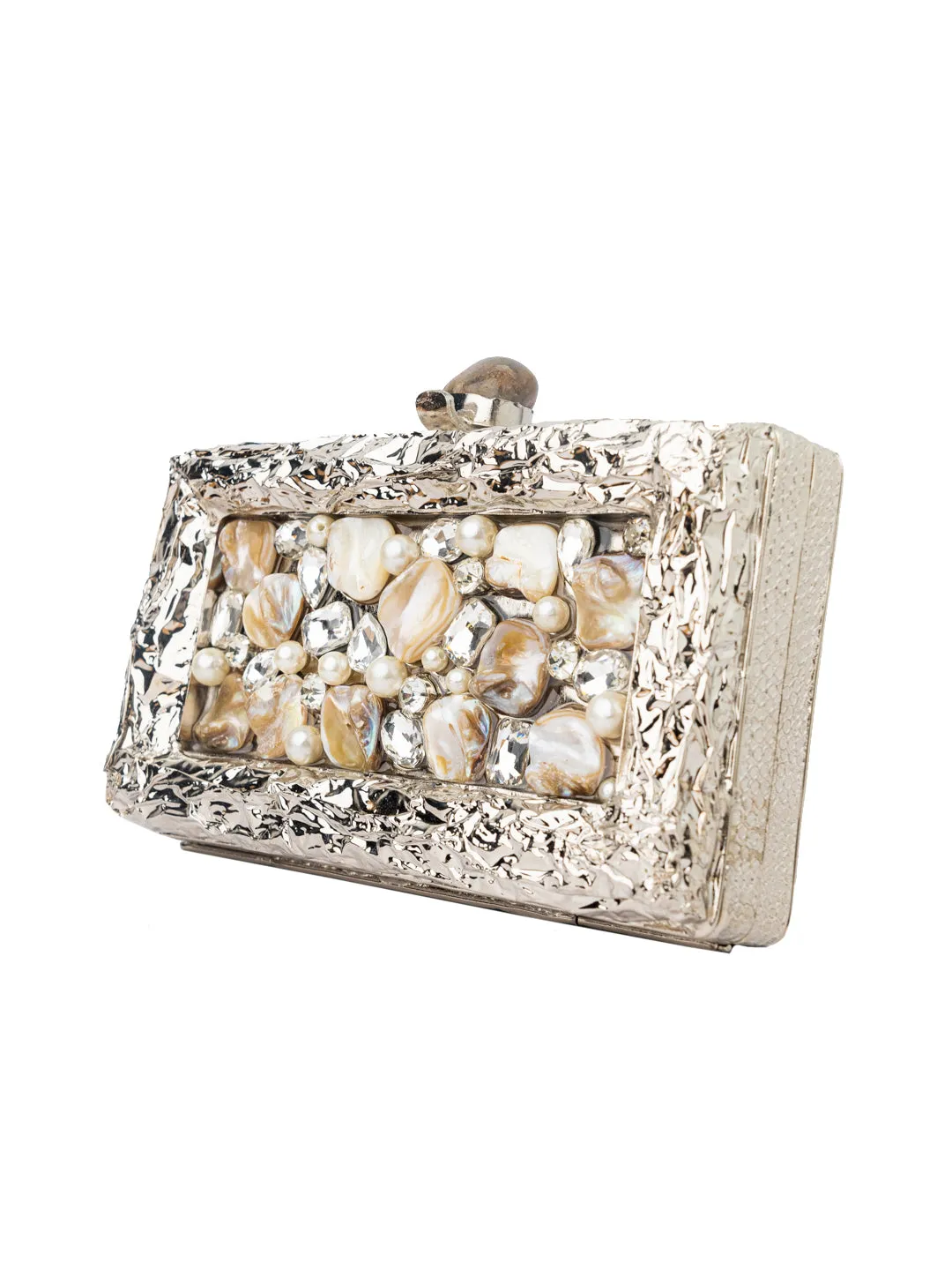 NR By Nidhi Rathi Silver-Toned Cream-Coloured Embellished Box Clutch