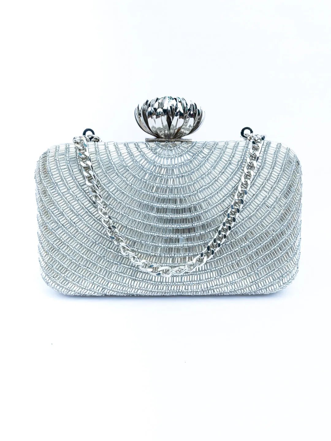 NR By Nidhi Rathi Silver-Toned Embroidered Embellished Box Clutch