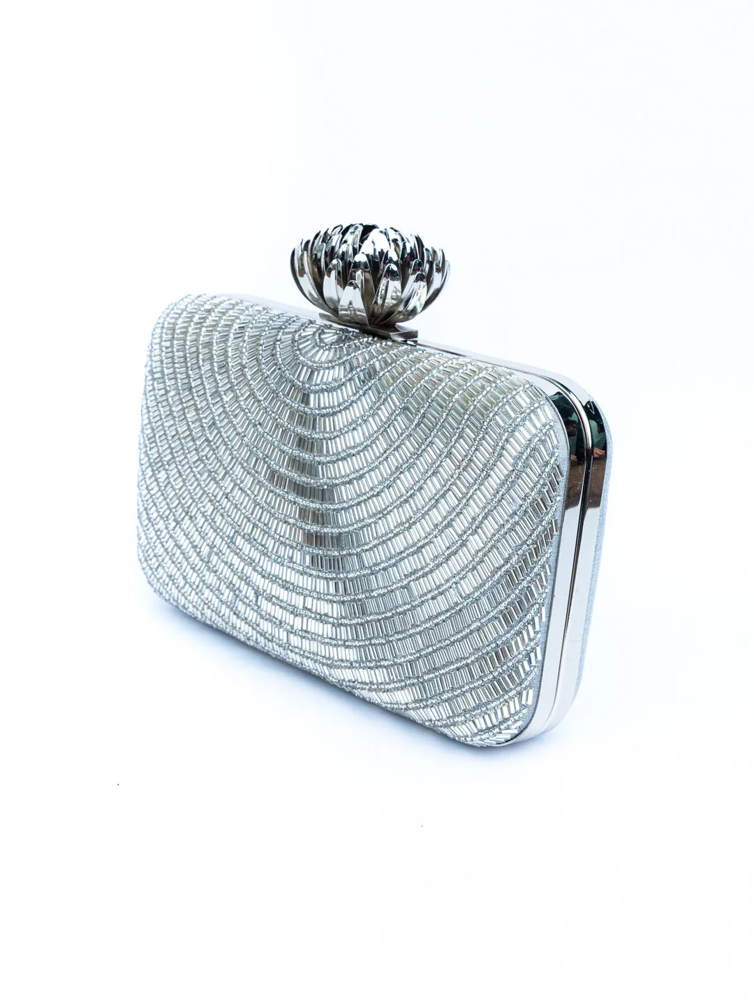 NR By Nidhi Rathi Silver-Toned Embroidered Embellished Box Clutch