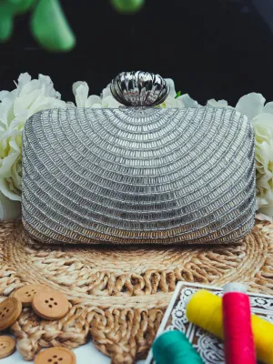 NR By Nidhi Rathi Silver-Toned Embroidered Embellished Box Clutch