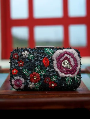 NR By Nidhi Rathi Women Black Green Embellished Fabric Box Clutch