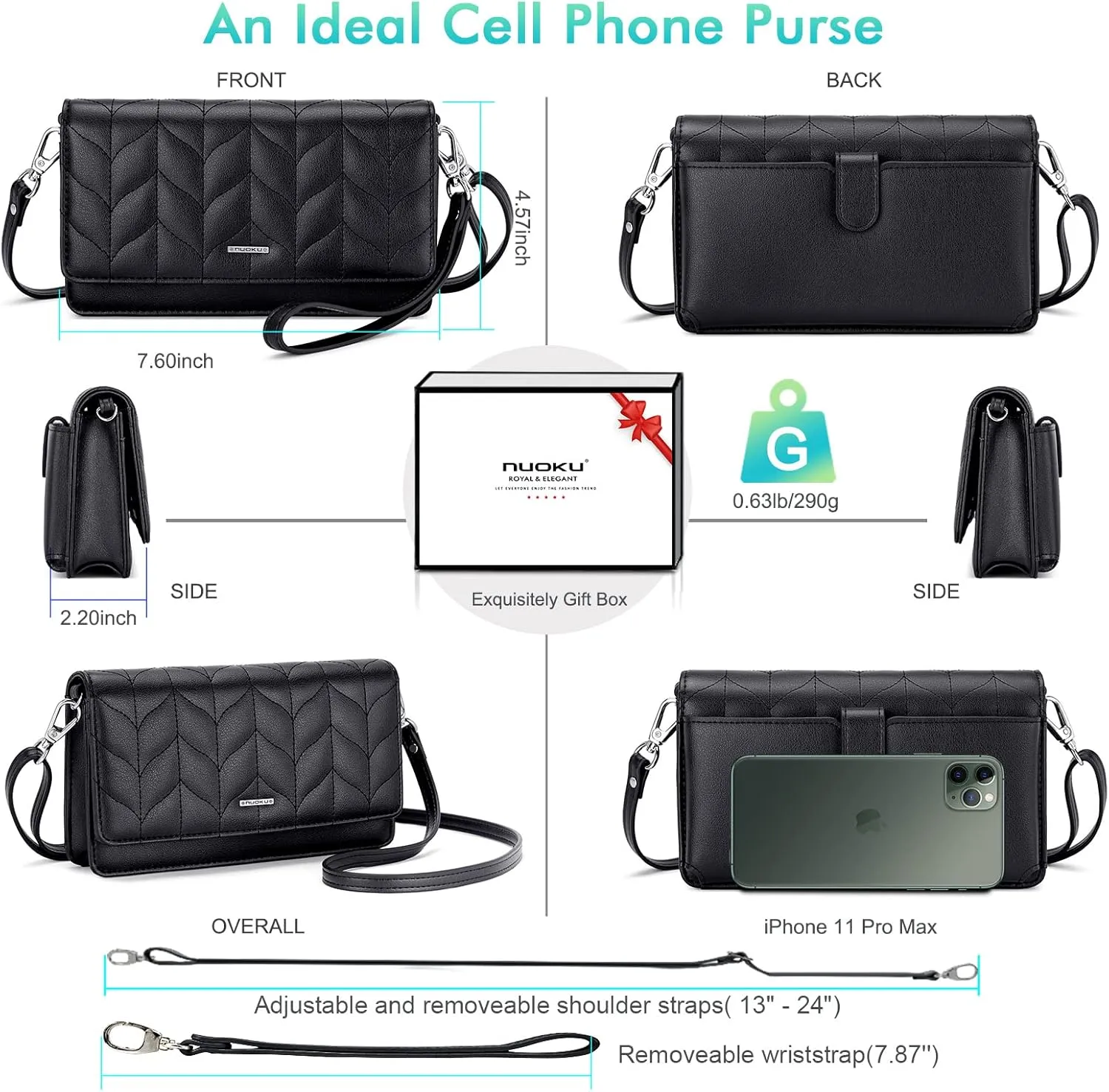 nuoku Women Small Crossbody Bag Cellphone Purse Wallet with RFID Card Slots 2 Straps