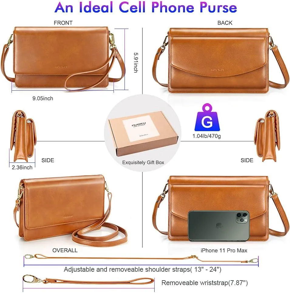 nuoku Women Small Crossbody Bag Cellphone Purse Wallet with RFID Card Slots 2 Straps