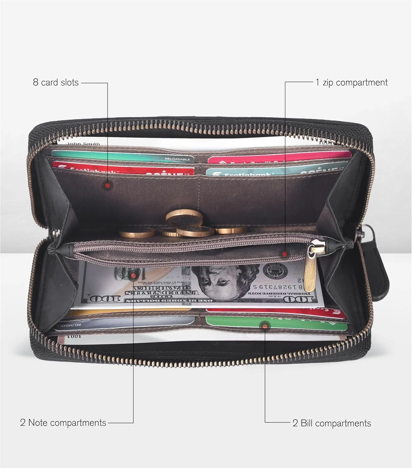 Oak Leathers Leather Wallet for Women - RFID Womens Wallet Clutch with 8 Credit Card Holder, Coin Pocket, Gift for Women’s, Ladies Purse (Hunter Embossed Black)
