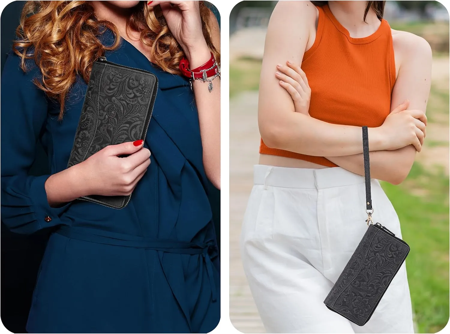 Oak Leathers Leather Wallet for Women - RFID Womens Wallet Clutch with 8 Credit Card Holder, Coin Pocket, Gift for Women’s, Ladies Purse (Hunter Embossed Black)