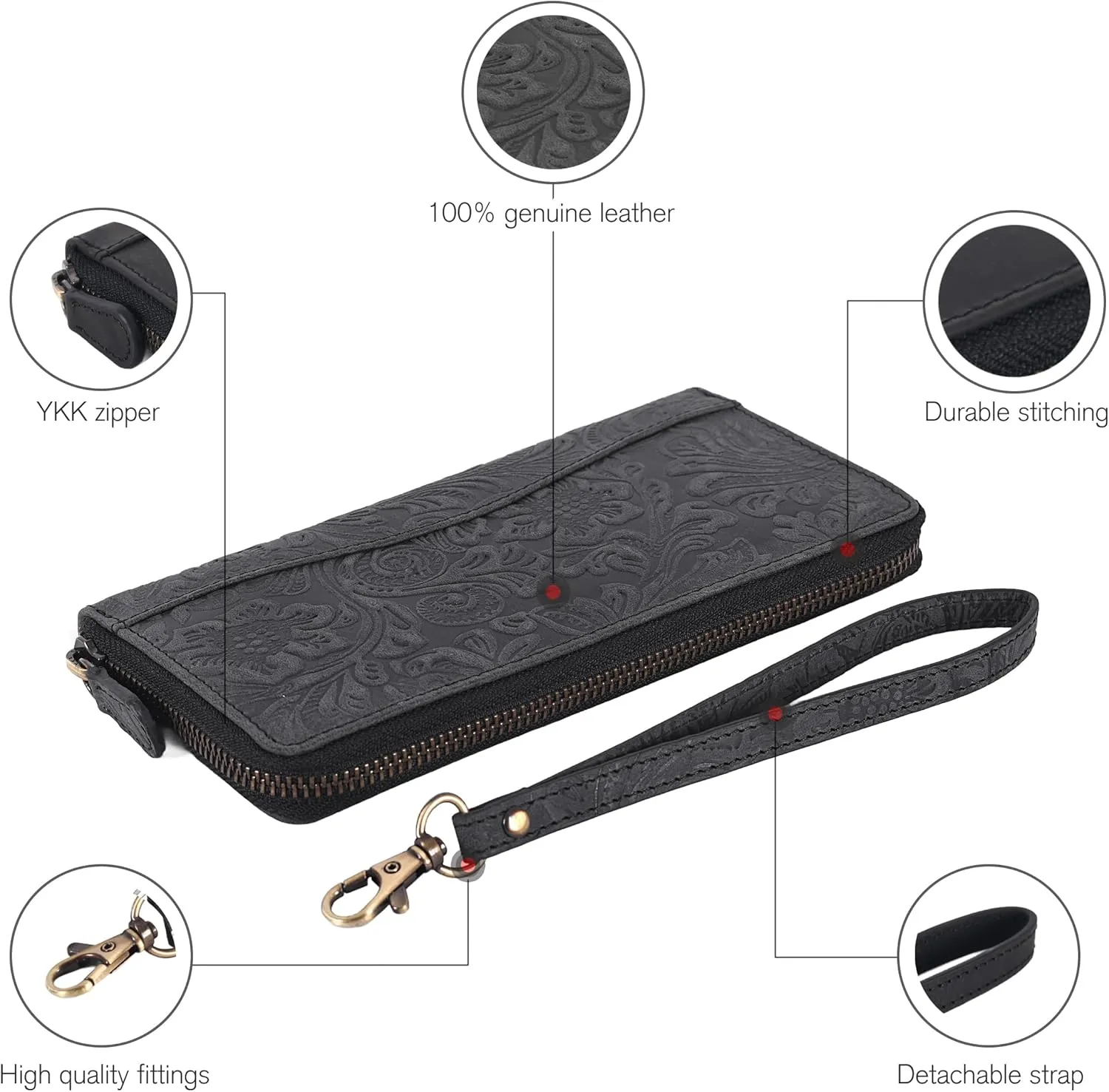 Oak Leathers Leather Wallet for Women - RFID Womens Wallet Clutch with 8 Credit Card Holder, Coin Pocket, Gift for Women’s, Ladies Purse (Hunter Embossed Black)