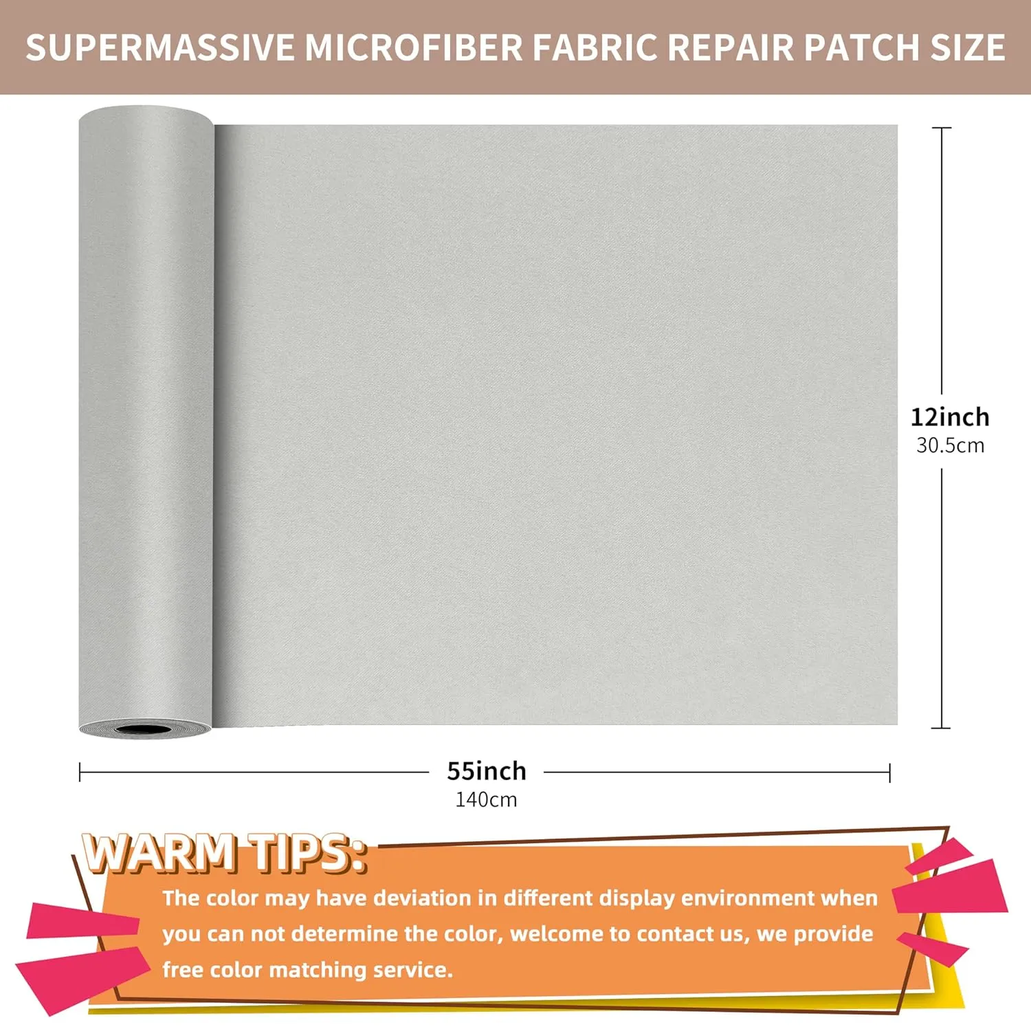 ONine Microfiber Couch Repair Kit, 55x12 inch Adhesive Fabric Patch, Multi-Color,Impervious Water，Suitable for Sofas, Tents, Handbags, Clothing, Car Seats, Furniture(Silver Gray)