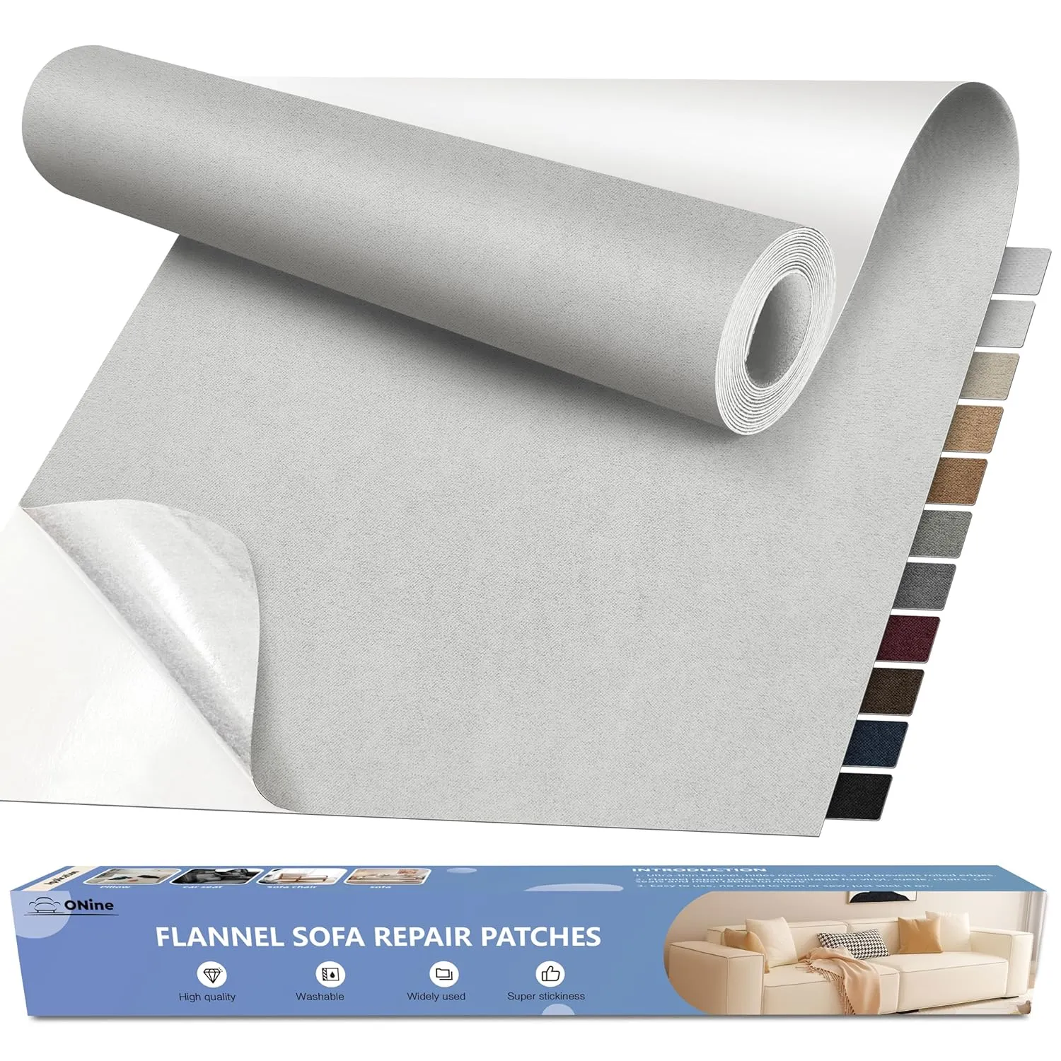 ONine Microfiber Couch Repair Kit, 55x12 inch Adhesive Fabric Patch, Multi-Color,Impervious Water，Suitable for Sofas, Tents, Handbags, Clothing, Car Seats, Furniture(Silver Gray)