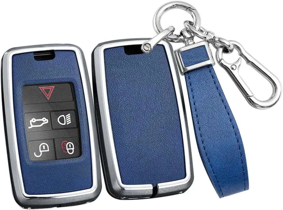 ontto Key Fob Cover Fit for Land Rover Key Remote Intelligent Car Key Bag Compatible with Range Rover Sport Evoque Velar Discovery 2018-up Metal and Leather Key Skin Blue