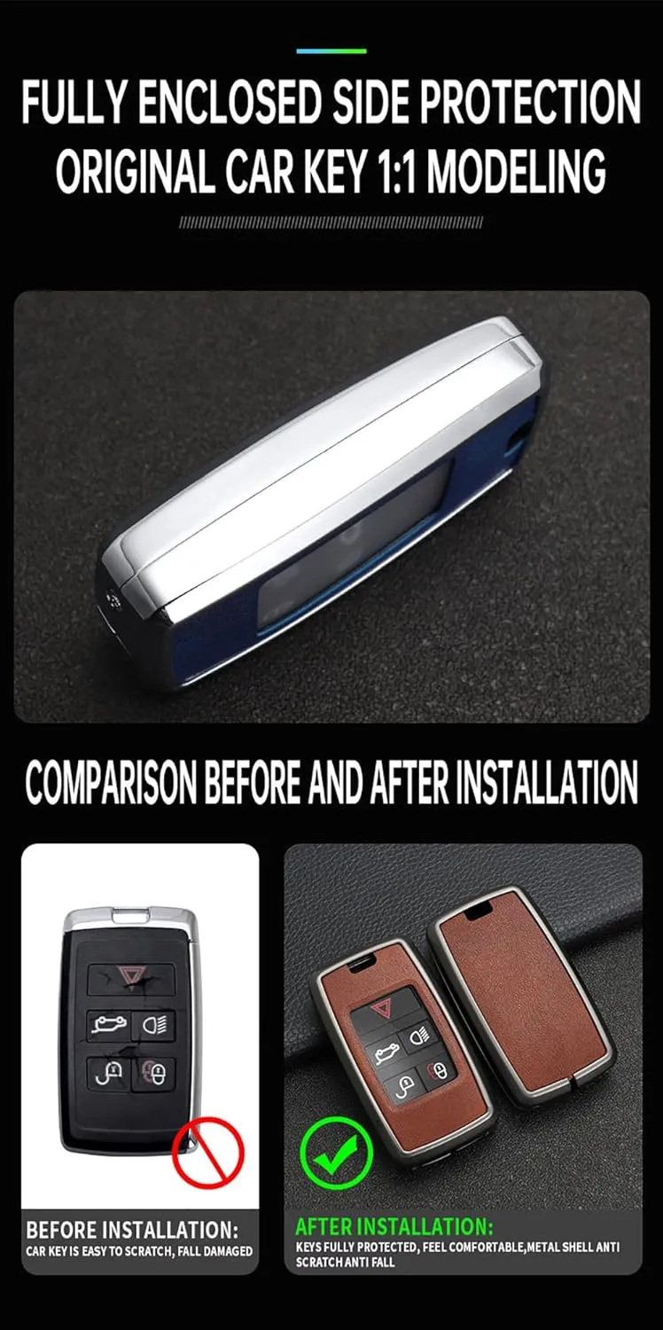 ontto Key Fob Cover Fit for Land Rover Key Remote Intelligent Car Key Bag Compatible with Range Rover Sport Evoque Velar Discovery 2018-up Metal and Leather Key Skin Blue