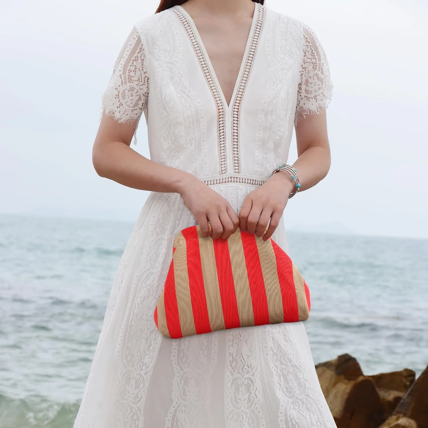 Oweisong Summer Woven Clutch Purse for Women 2025 Crochet Stripped Beach Bag Hot Pink Spring Purse Evening Handbag