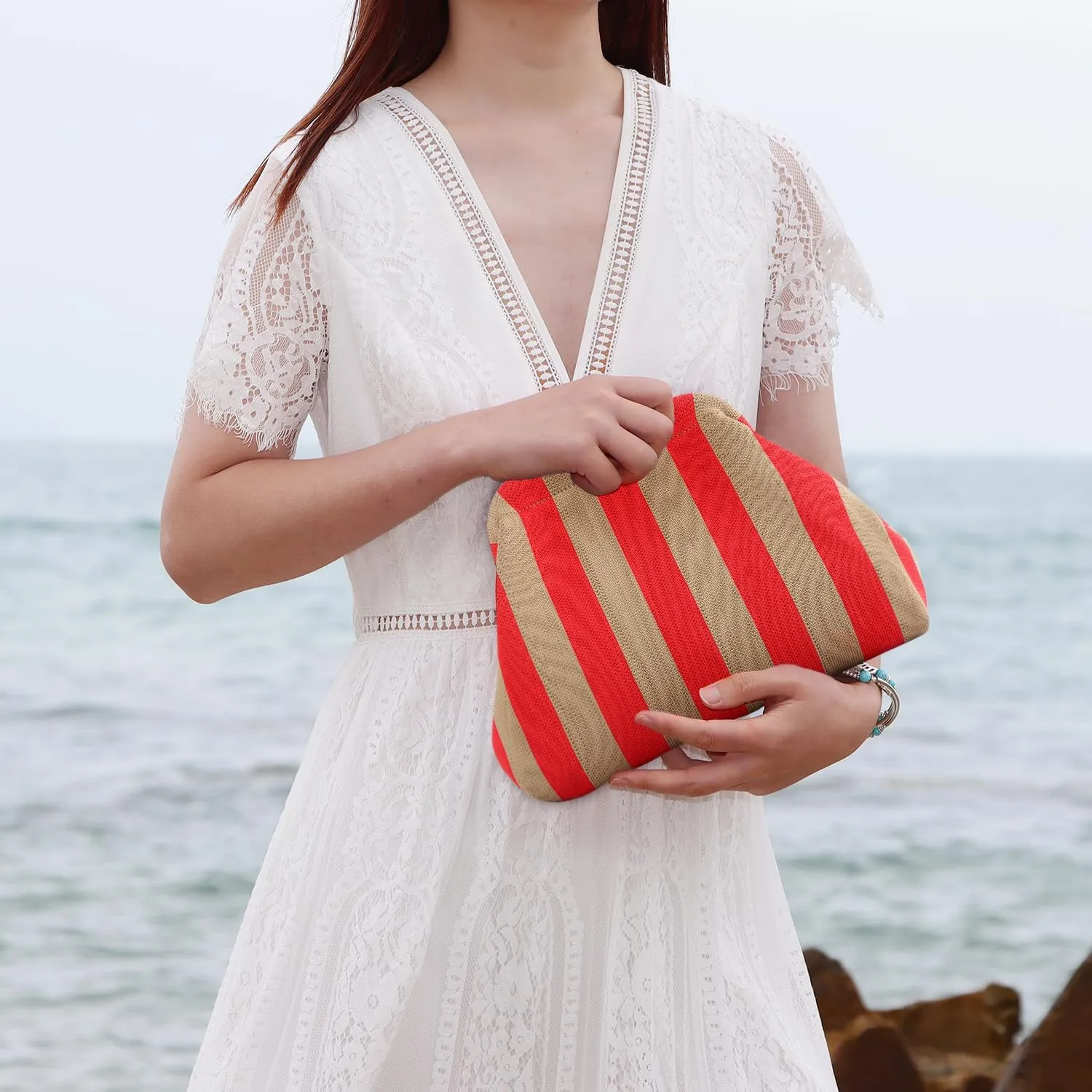 Oweisong Summer Woven Clutch Purse for Women 2025 Crochet Stripped Beach Bag Hot Pink Spring Purse Evening Handbag