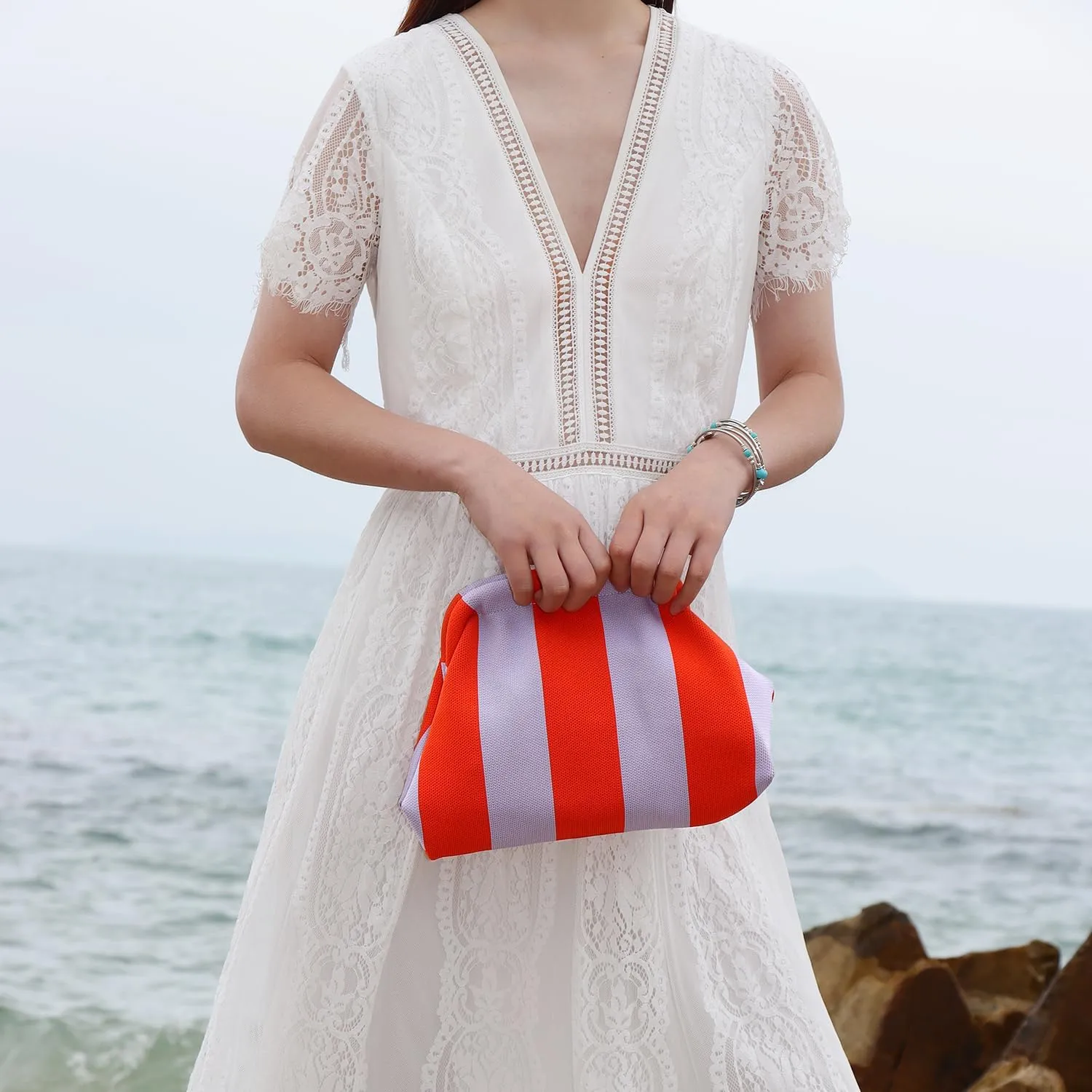 Oweisong Summer Woven Clutch Purse for Women 2025 Crochet Stripped Beach Bag Hot Pink Spring Purse Evening Handbag