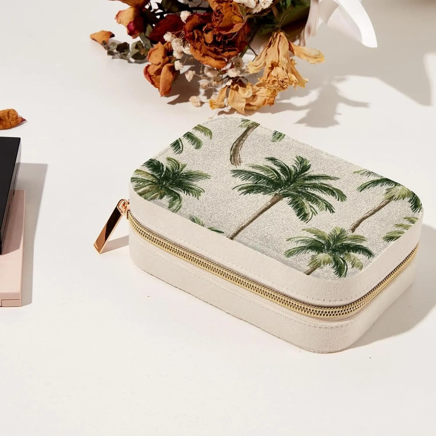 Palm Trees Seamless Pattern Travel Jewelry Box, Portable Travel Display Case Storage Holder Boxes for Stud Earrings, Rings, Necklaces, Bracelets