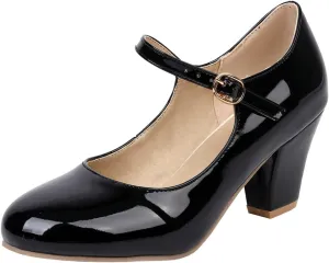 Parisuit Womens Mary Jane Chunky High Heel Pumps Ankle Strap Patent Dress Candy Color Rockabilly Shoes