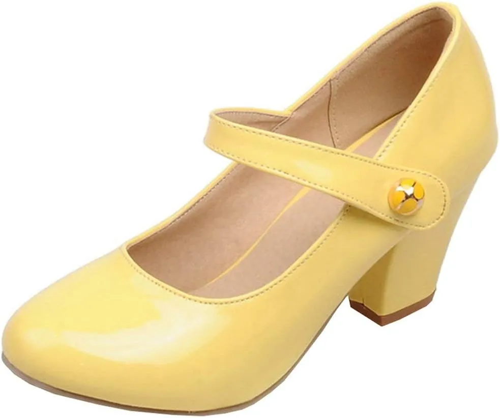 Parisuit Womens Mary Jane Chunky High Heel Pumps Ankle Strap Patent Dress Candy Color Rockabilly Shoes