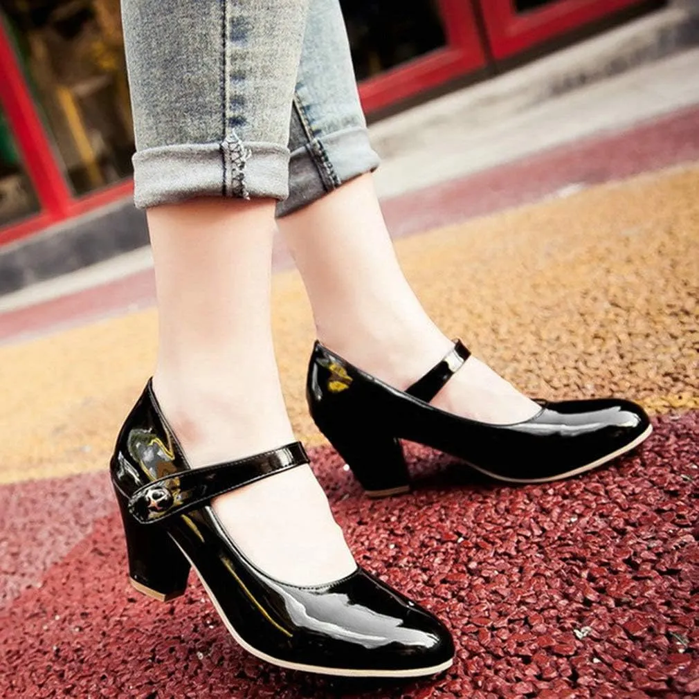 Parisuit Womens Mary Jane Chunky High Heel Pumps Ankle Strap Patent Dress Candy Color Rockabilly Shoes