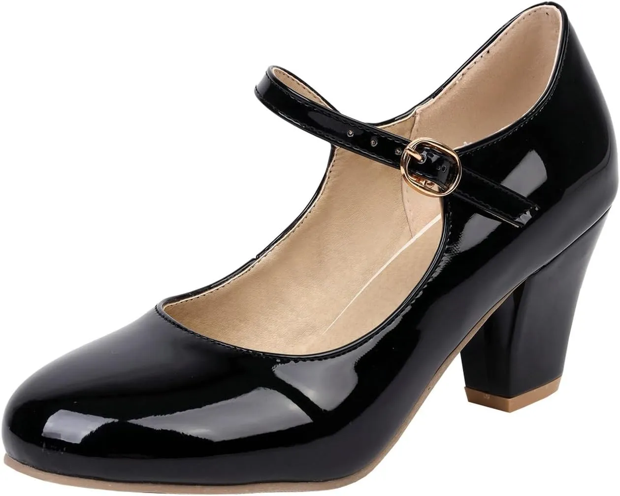 Parisuit Womens Mary Jane Chunky High Heel Pumps Ankle Strap Patent Dress Candy Color Rockabilly Shoes