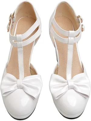 Parisuit Womens Mary Jane Chunky Platform Rockabilly Pumps T Strap High Heel Patent Leather Bowtie Dress Shoes